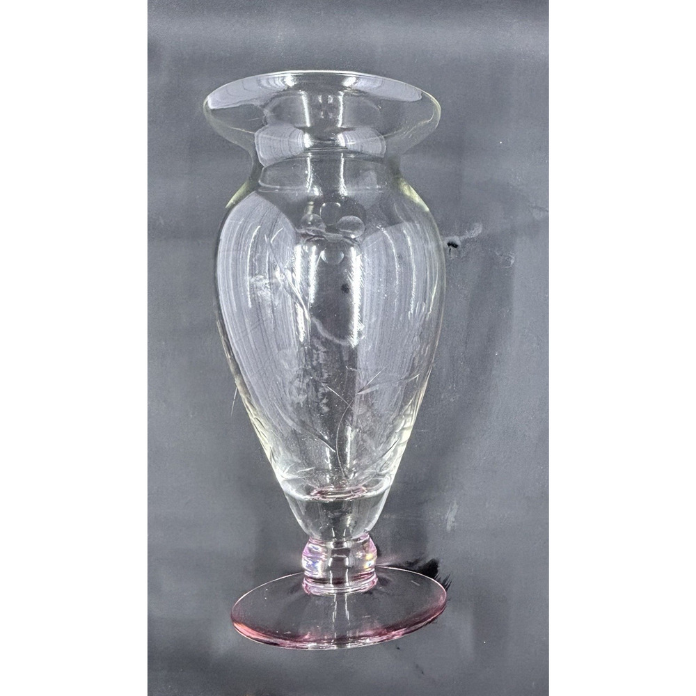 Vintage Lenox Glass Floral Etched Vase Ombre' Pink ~ Clear ~ 9" Tall